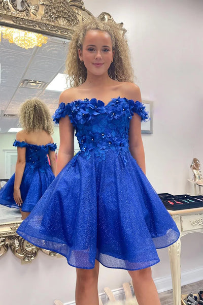 Sparkly Royal Blue Off the Shoulder Short A-Line Homecoming Dresses DM24080601