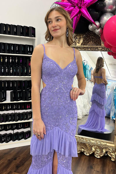 Mermaid V Neck Lilac Sequin Ruffle Long Prom Dress MD4030203