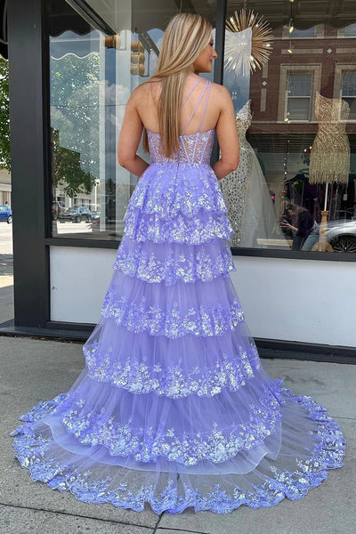 Sparkly Lilac One Shoulder Tiered Lace Long Prom Dress with Slit DM3082812