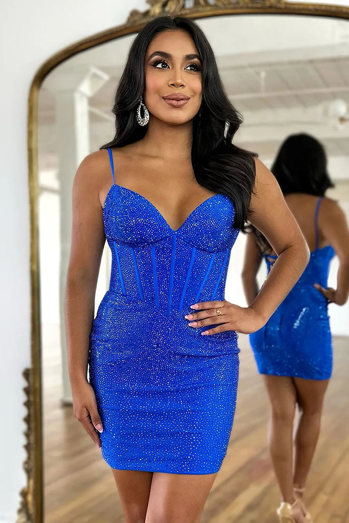 royal blue corset hoco dress Zapaka Women Sparkly Homecoming Dress with Lace Up Back Royal Blue Tight Corset Short Cocktail Dress, Royal Blue / US4