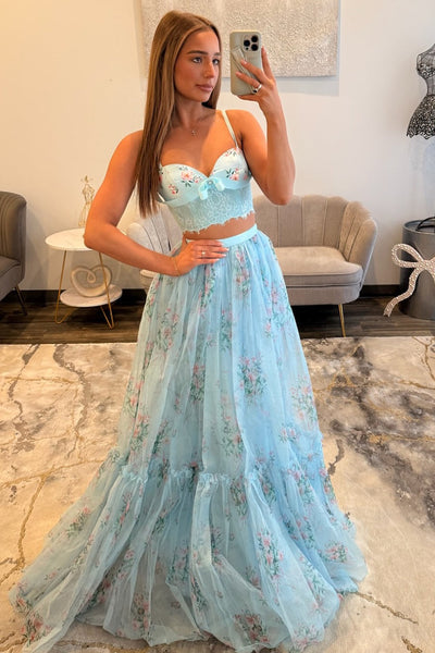 Two Piece Sweetheart Blue Floral Print Appliques Long Prom Dresses DM16021504