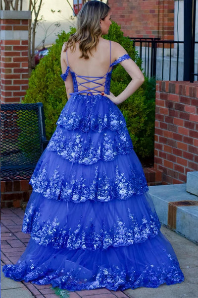 Tulle Sequin Cold-Shoulder Ruffle Tiered Long Prom Dress MD122301