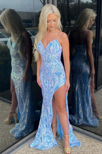 Mermaid V Neck  Light Blue Sequins Lace Long Prom Dress with Slit MD4030804