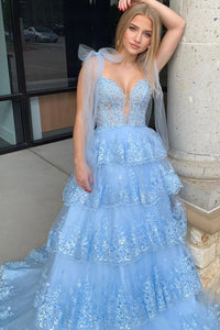 Light Blue Sweetheart Bow Tie Straps Tiered Tulle Prom Dress with Appliques MD122805
