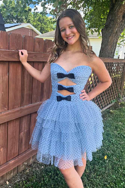 Polk Dot Sweetheart Blue Tulle Homecoming Dresses with Bows DM24080304