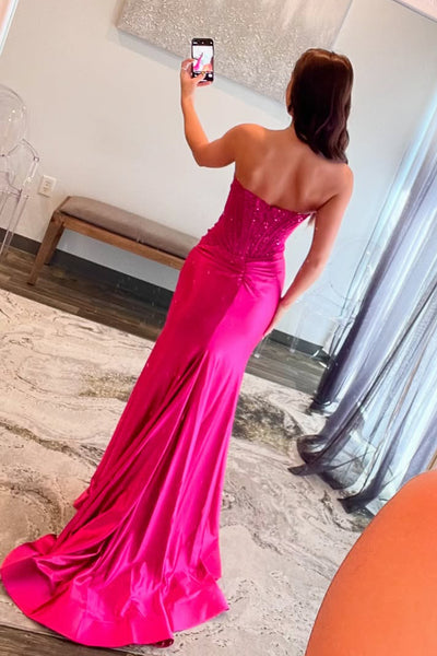Mermaid Scoop Neck Fuchsia Satin Mermaid Slit Prom Dress DM2511001