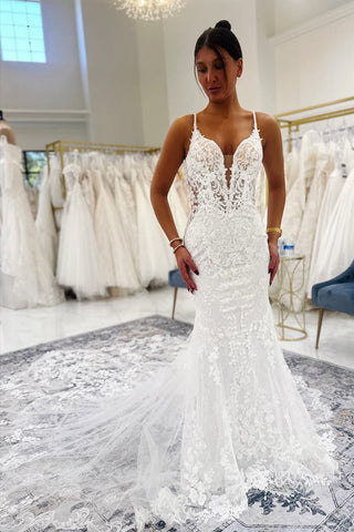 Gorgeous Mermaid V Neck Lace Wedding Dress with Appliques DM1112210