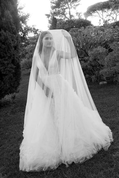 Charming A-Line Deep V Neck White Tulle Wedding Dresses with Train DM25102203