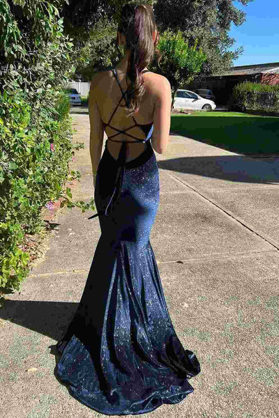 Charming Mermaid V Neck Navy Velvet Long Prom Dresses DM241019006