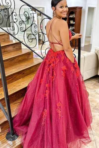 Sparkly Ball Gown Scoop Neck Red Tulle Long Prom Dress with Appliques DM090610