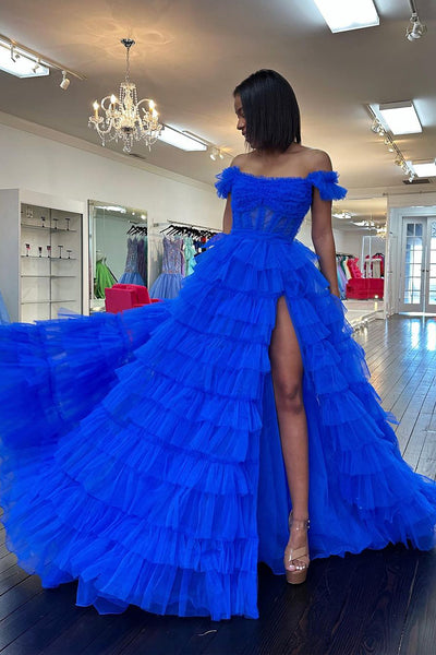 Royal Blue Off the Shoulder Ruffle Tiered Tulle Long Prom Dresses MD4013101