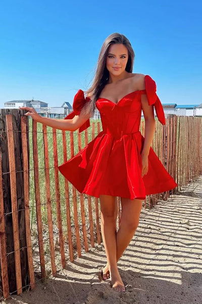 Pretty A-Line Off the Shoulder Red Satin Short Homecoming Dresses with Bow DM24071005