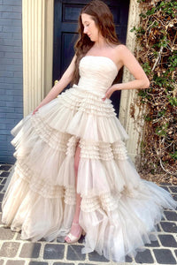 Glitter Beige Strapless Tulle Long Tiered Prom Dress with Slit DM3082807