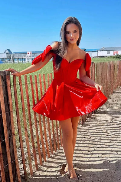 Pretty A-Line Off the Shoulder Red Satin Short Homecoming Dresses with Bow DM24071005