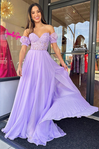Lilac Chiffon Applique Sweetheart A-Line Prom Dress with Puff Sleeves MD092409