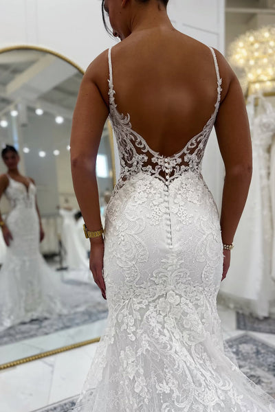 Gorgeous Mermaid V Neck Lace Wedding Dress with Appliques DM1112210