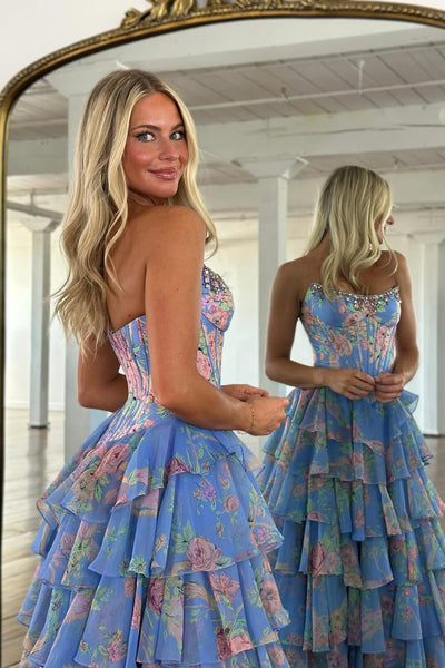 A Line Strapless Dusty Blue Floral Chiffon Tiered Prom Dress with Beading DM52102901
