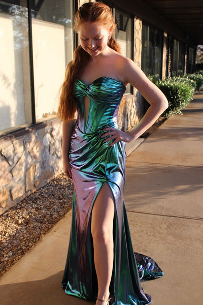 Unique Mermaid Sweetheart Keyhole Metallic Satin Slit Prom Dresses DM120604