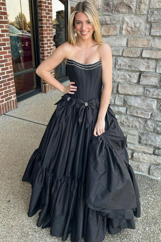 Cute Ball Gown Scoop Neck Black Satin Long Prom Dresses with Beading DM24101513