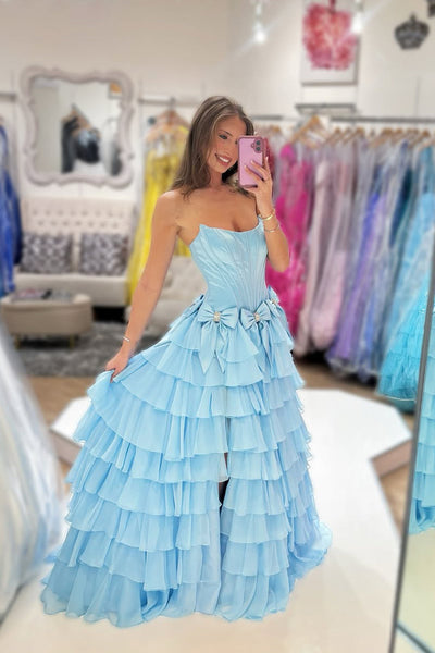 Cute A Line Scoop Neck Light Blue Tiered Chiffon Prom Dress with Bow DM1111002