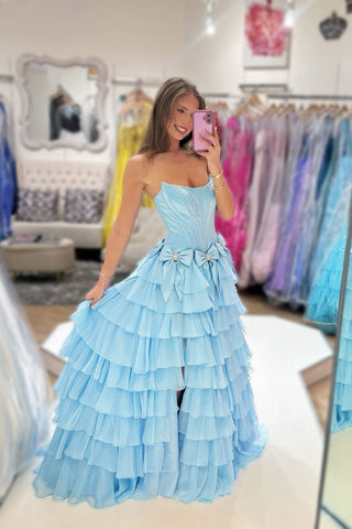 Cute A Line Scoop Neck Light Blue Tiered Chiffon Prom Dress with Bow DM1111002