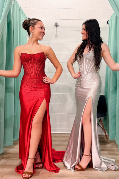 Cute Mermaid Sweetheart Red Hot Fix Satin Prom Dress with Slit DM16021108