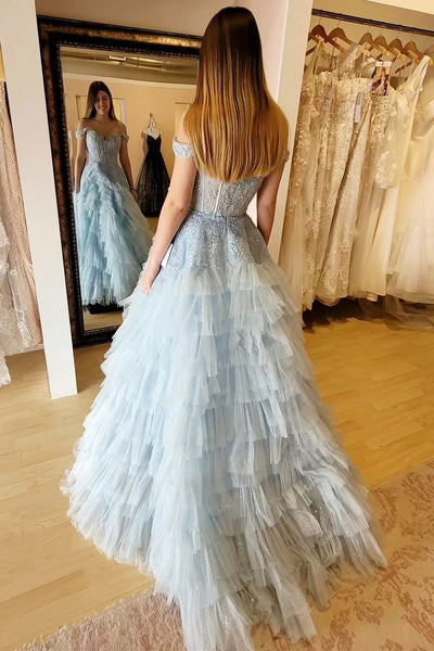 A-Line Off the Shoulder Light Blue Tiered Tulle Long Prom Dresses MD120802