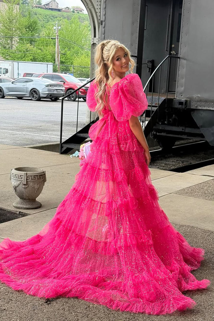 fuchsia two piece prom dress Two Piece Bra Top Mermaid Straps Fishtail Lace-up Fuchsia Lace Prom Dress, Split