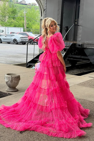 Gorgeous Two Piece Fuchsia Sequins Tulle Prom Dresses with Ruffled Sleeves DM050604