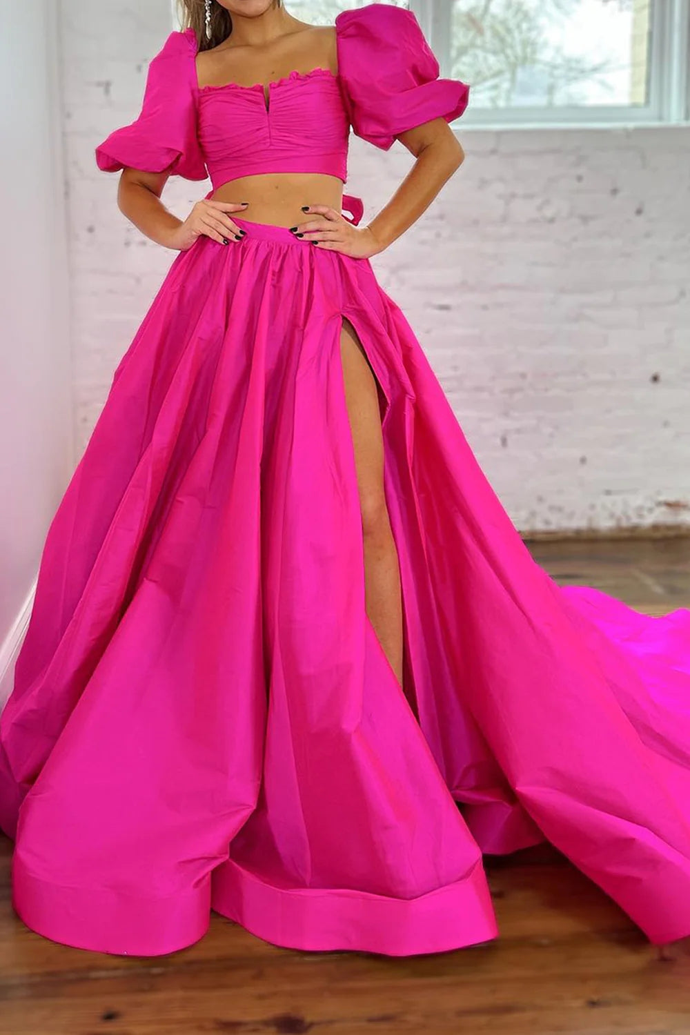 Hot Pink A-Line Short Sleeves Long Prom Dress with Slit MD122703
