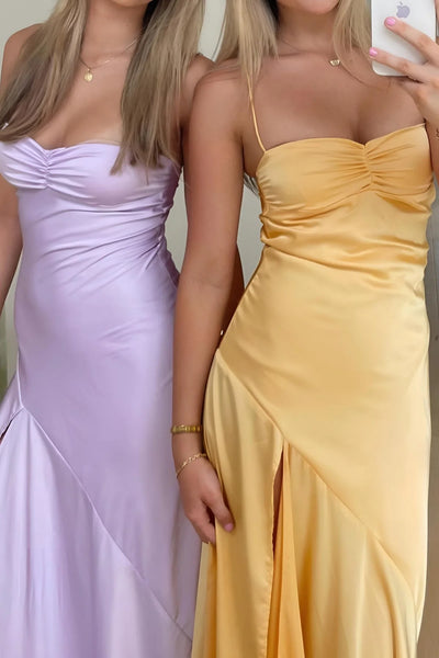 Sheath Strapless Yellow Satin Prom Dress with Slit DM24122606