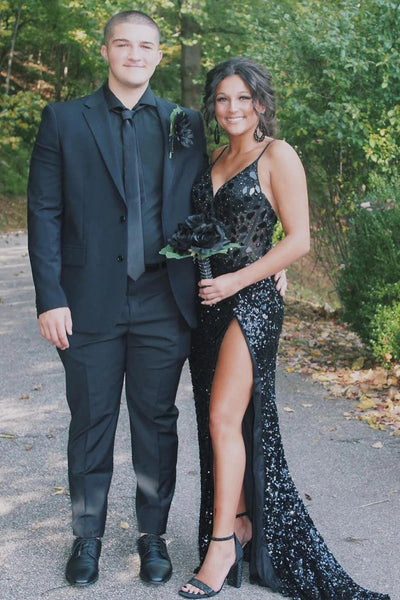 Sparkly Black Mermaid Long Mirror Prom Dress With Slit MD112506