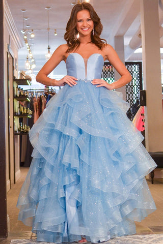 Light Blue Strapless Layered Tulle Long Formal Dress MD110307