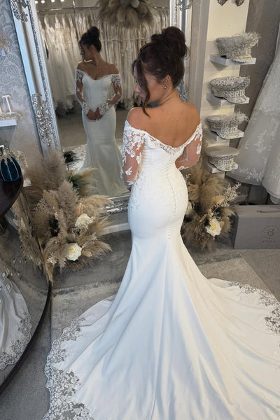 Elegant Mermaid Off the Shoulder Satin Prom Dress with Appliques DM1111806