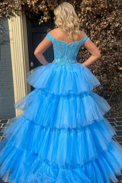 Princess Blue Tulle High Low Prom Dress with Lace DM3082804