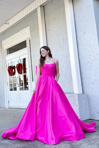 A-Line Scoop Neck Fuchsia Satin Long Prom Dress with Bow MD4021905