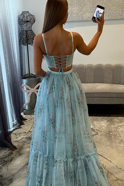 Two Piece Sweetheart Blue Floral Print Appliques Long Prom Dresses DM1 – Dressmeet