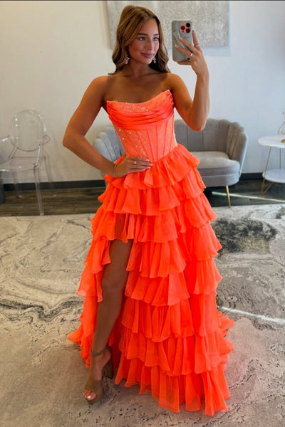 Gorgeous A Line Scoop Neck Orange Tiered Prom Dress with Slit DM52102706