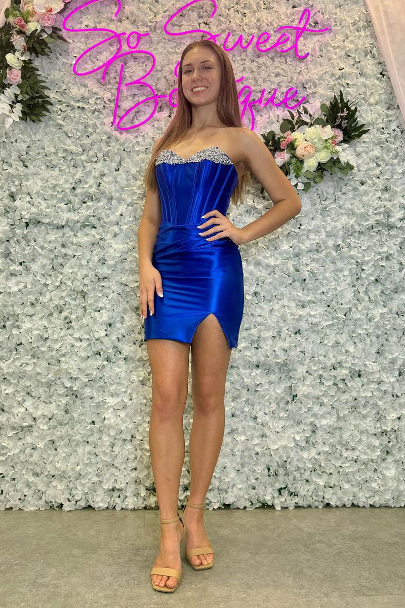 Stylish Bodycon Strapless Royal Blue Short Homecoming Dresses with Beading MD4062809