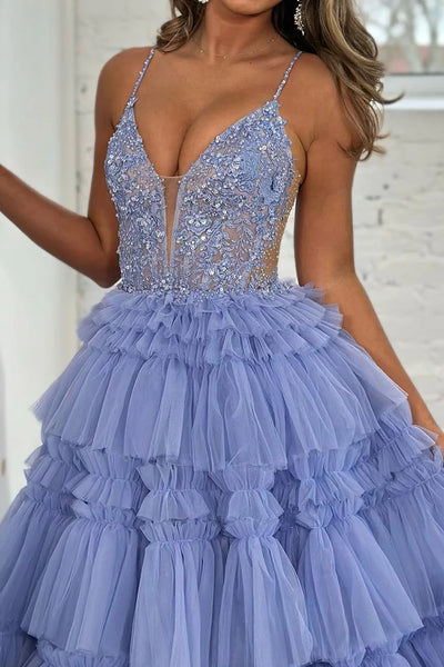 Sparkly Lilac Corset Beaded Long Tiered Prom Dress with Slit MD122706