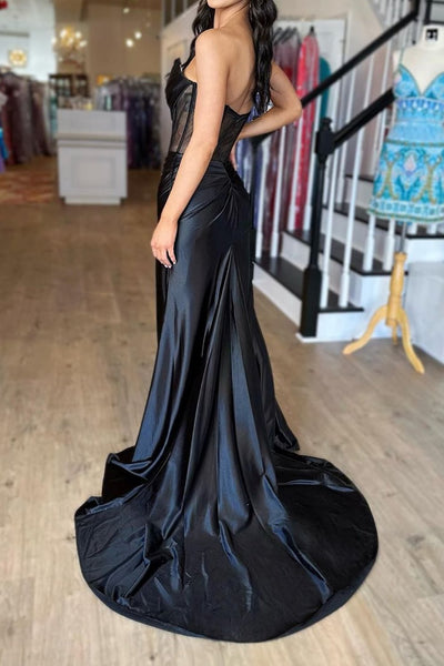 Stylish Mermaid Strapless Black Corset Prom Dress with Split Front MD121704