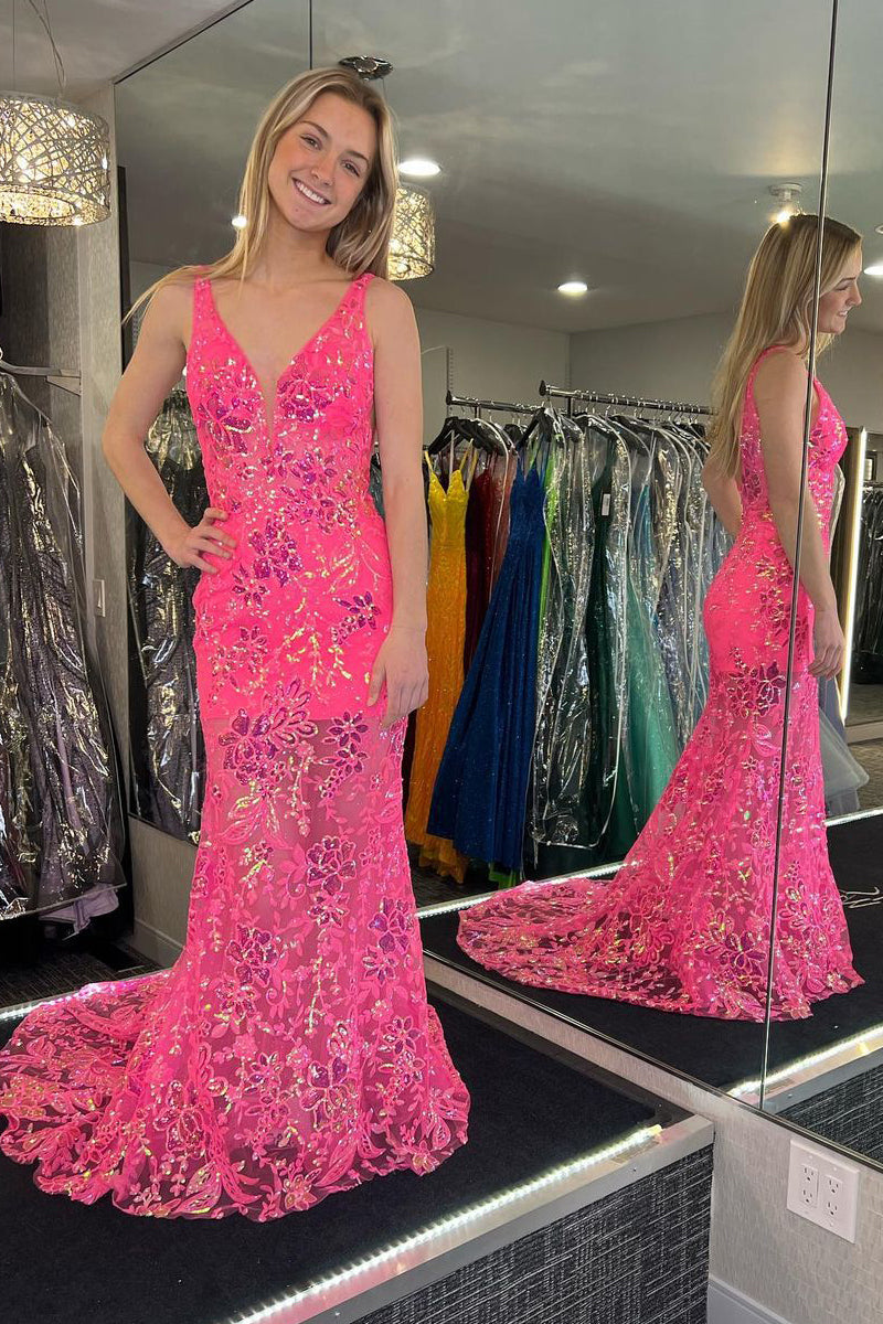 Mermaid V Neck Hot Pink Sequin Lace Long Prom Dresses MD4010810