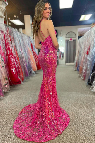 Fuchsia V Neck Sequin Lace Mermaid Long Prom Dress MD4010905