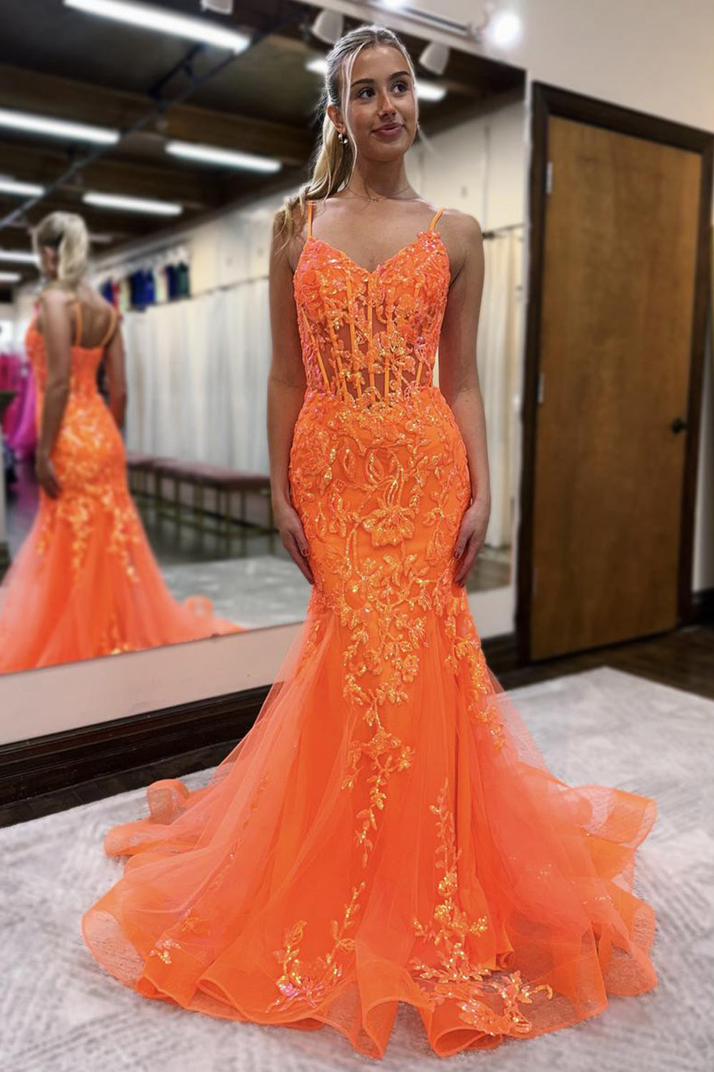 Cute Mermaid V Neck Orange Sequins Long Prom Dresses