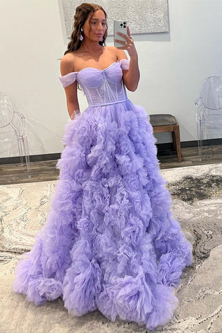 Lavender Tulle Off-the-Shoulder Long Prom Dress with Ruffles MD092402