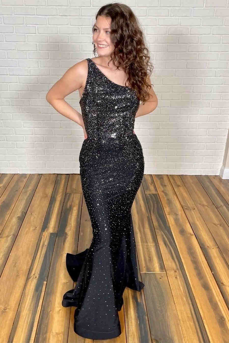 Mermaid Black Long Prom Dress with Rhinestones MD121902