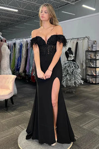 Mermaid Off the Shoulder Black Lace Slit Prom Dresses with Feather DM24121701