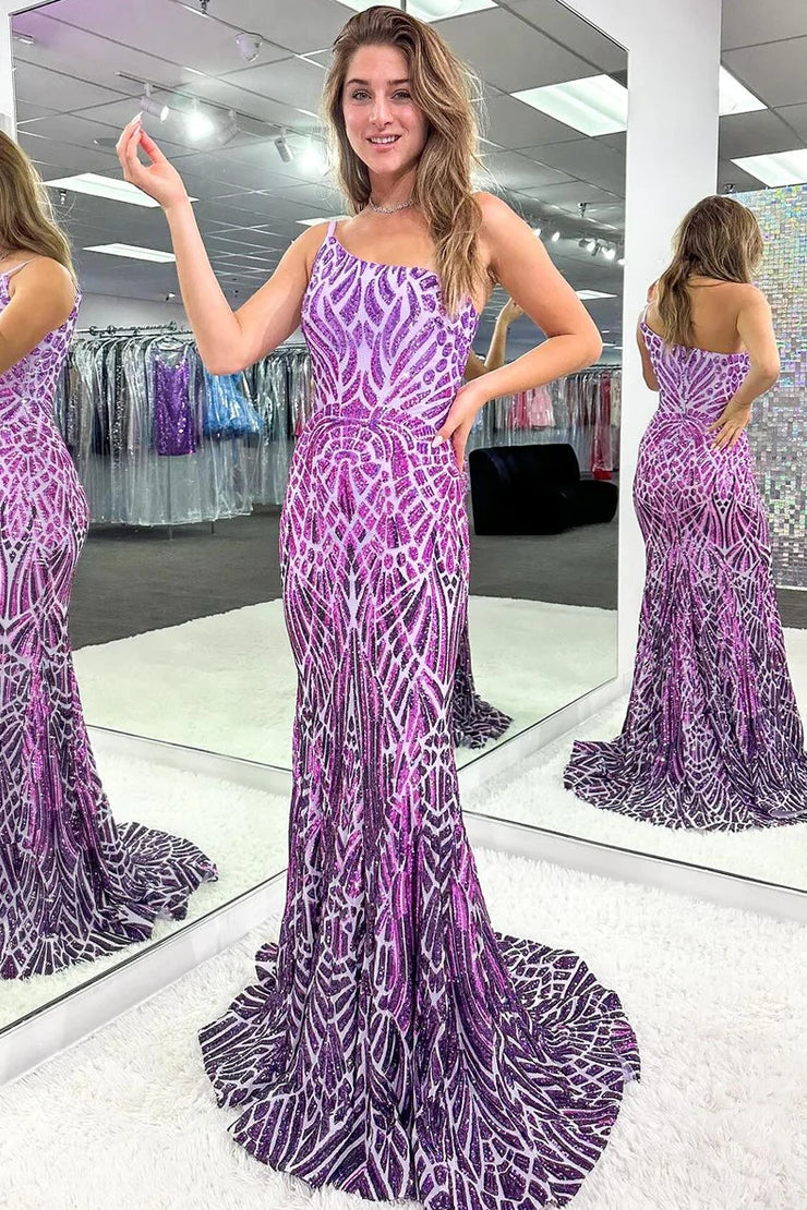 Purple One Shoulder Sequins Mermaid Long Prom Dresses MD4013103