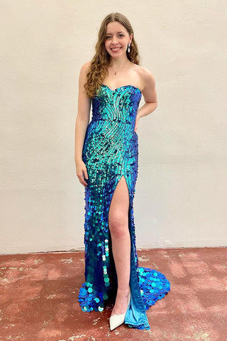 Blue Sequins Sweetheart Mermaid Long Prom Dresses MD4022804