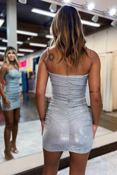 Shiny Silver Homecoming Dresses Straps Bodycon Mini Cocktail Dress MD091507